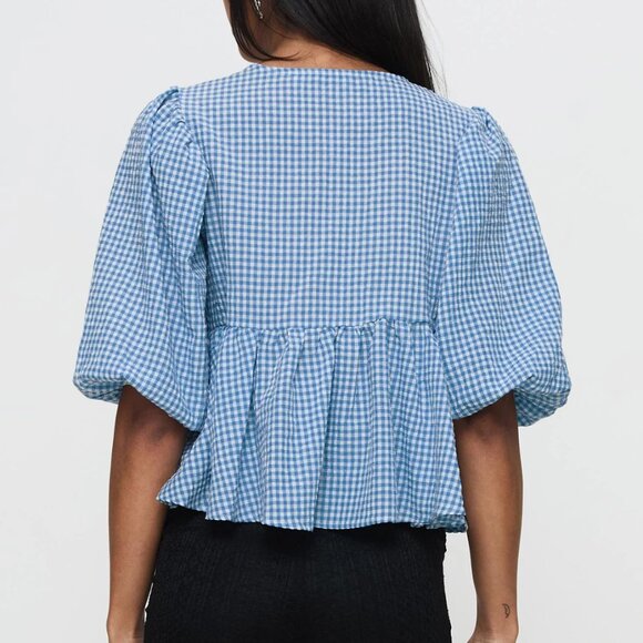 Princess Polly Full house tie up blouse top blue plaid - Picture 3 of 3
